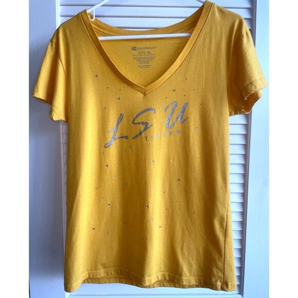 Colosseum LSU Women's Yellow V-Neck Shirt With Small Rhinestones XL fits like L - Picture 1 of 9